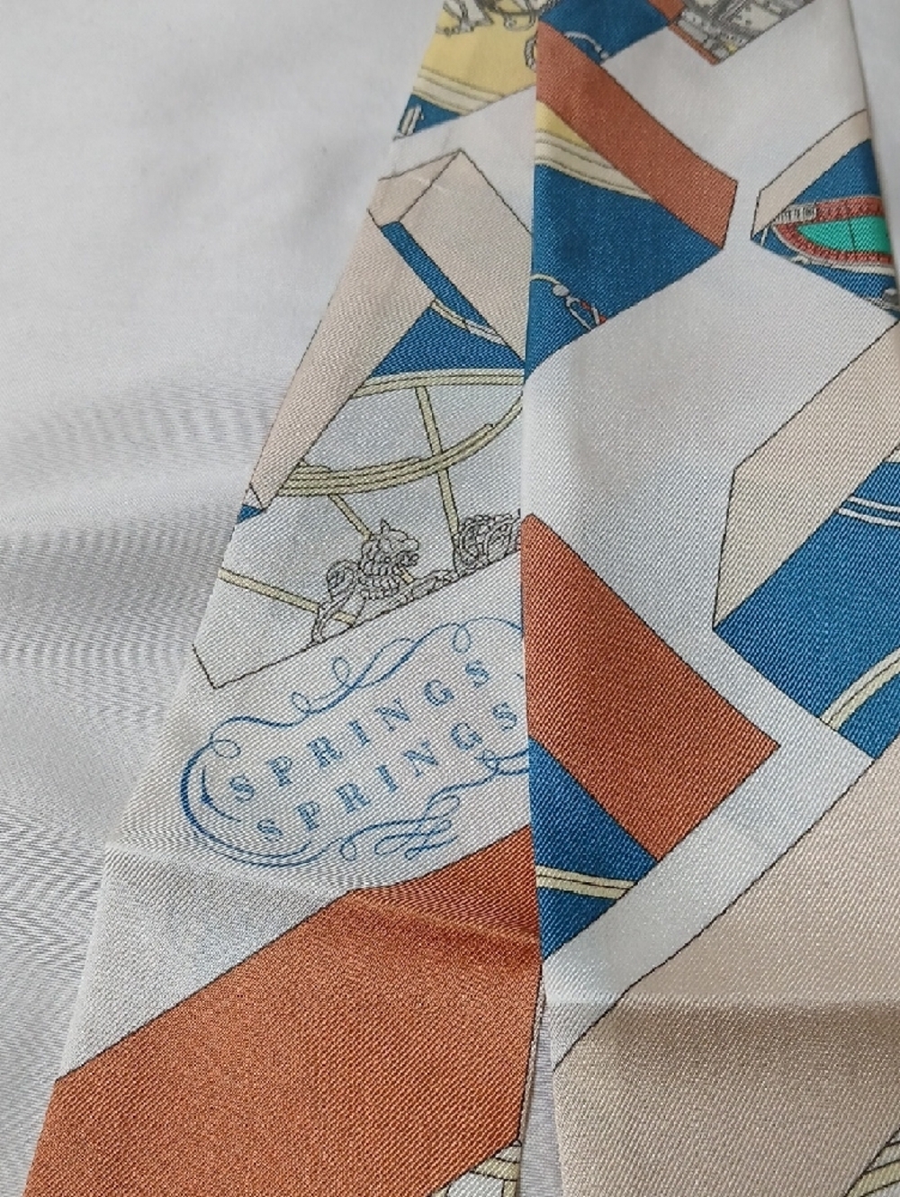 Hermes Springs Springs White Silk Twilly with Red, Blue and Tan Accents - Picture 3 of 4